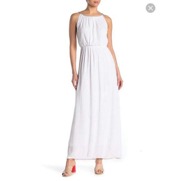 Nina Leonard Rope Halter Dress Large White Sleeveless Gold Lined Flow - Picture 1 of 10
